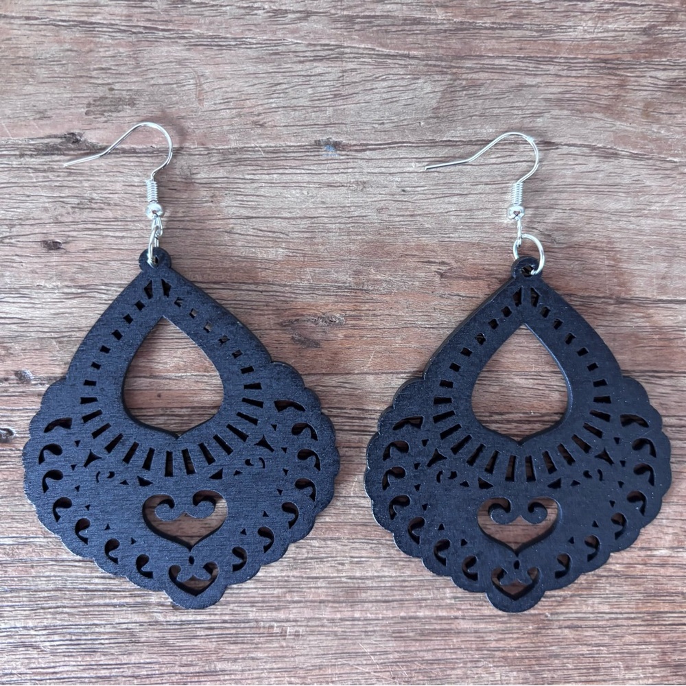 Wooden Mandala Heart Cutout Statement Earrings Black